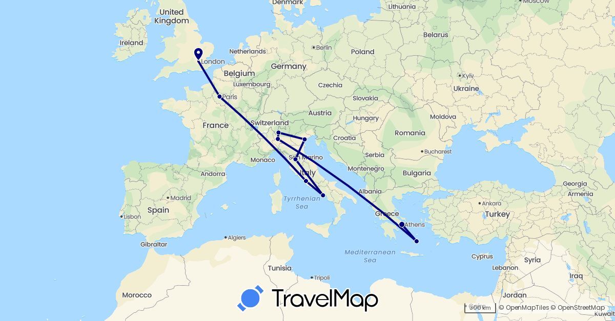 TravelMap itinerary: driving in France, United Kingdom, Greece, Italy (Europe)